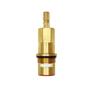 Brass cartridge with black rubber o-ring with white ceramic discs and red rubber washer.