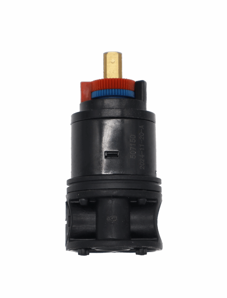 Black cartridge with brass stem read and blue limit stop and black rings for proper seal.