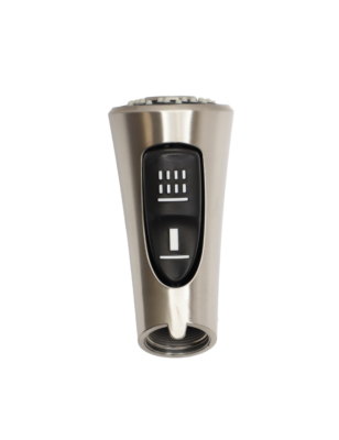 Vibrant stainless steel sprayhead with black dual action button.