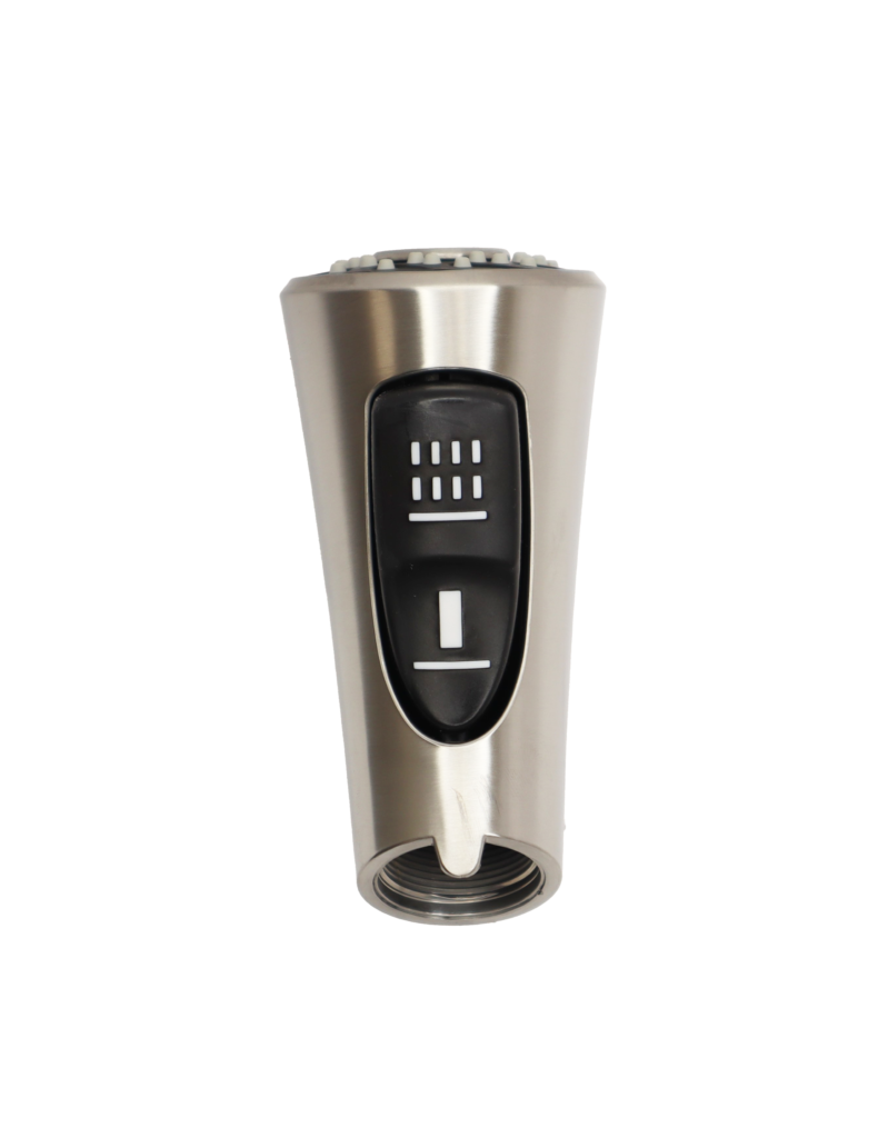 Vibrant stainless steel sprayhead with black dual action button.