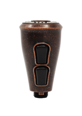 Rustic bronze sprayhead with 2 black rubber buttons.