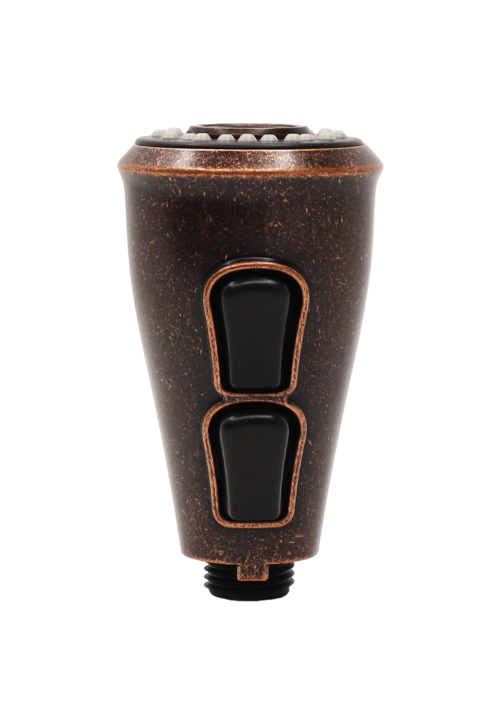 Rustic bronze sprayhead with 2 black rubber buttons.