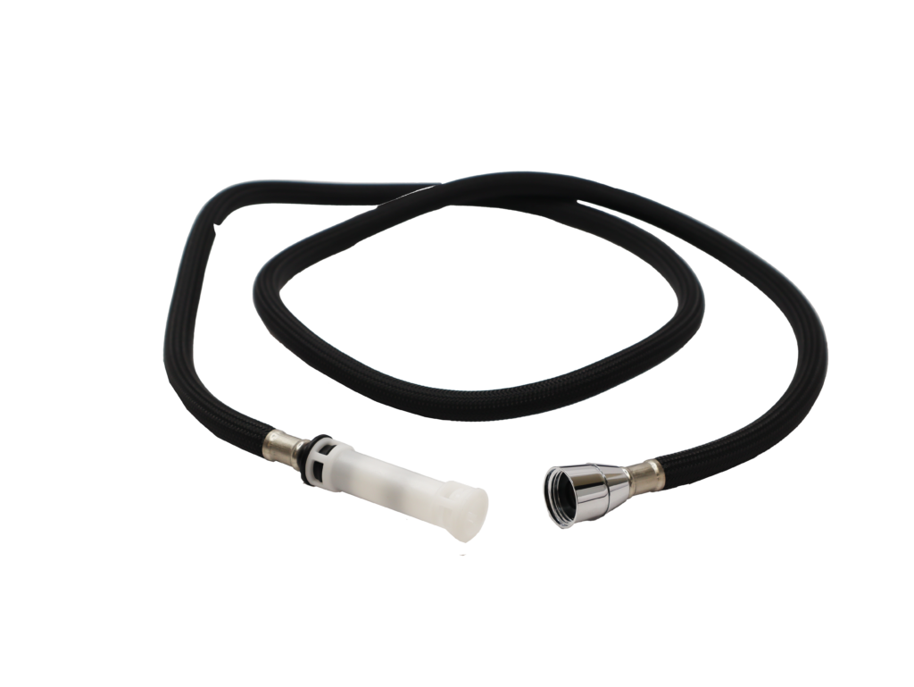 Blakc braid nylon hose with chrome fitting and white plastic quick connect fitting.