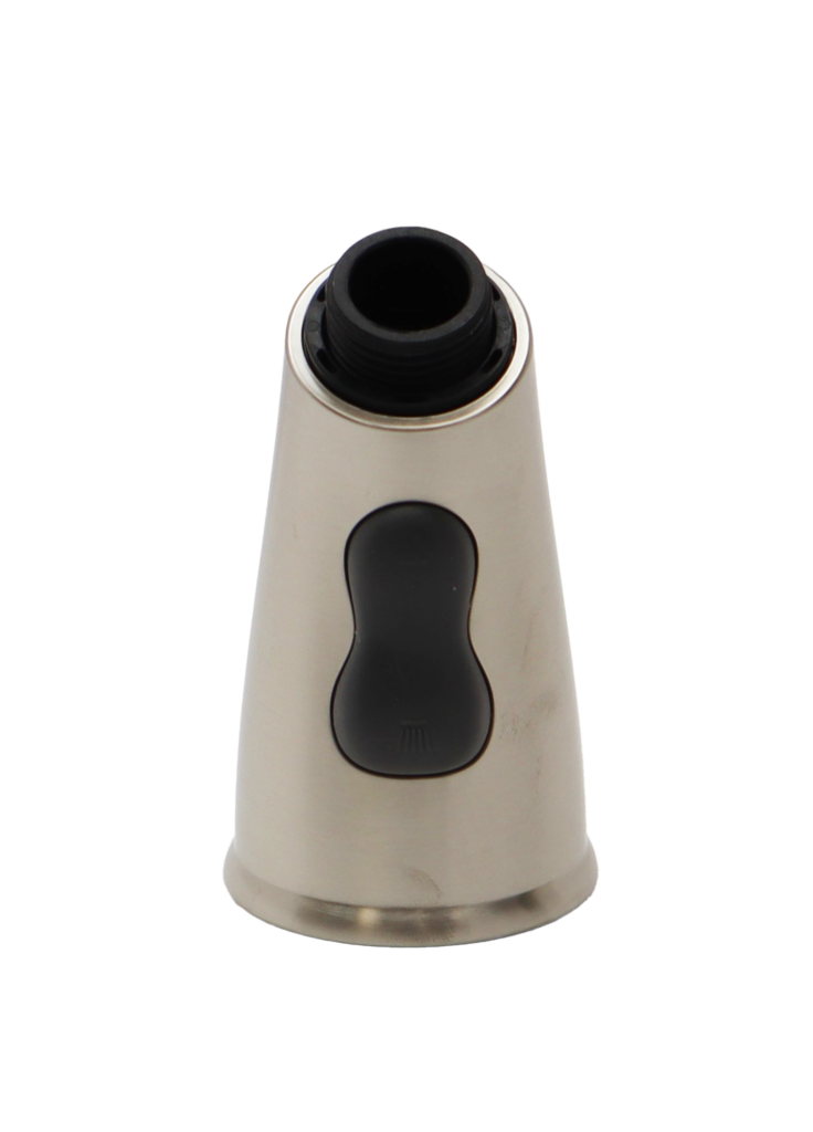Stainless steel dual function rubber button with black plastic threads.