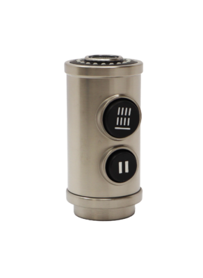 Stainless steel spray head with 2 black rubber buttons.