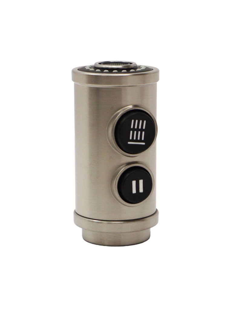 Stainless steel spray head with 2 black rubber buttons.
