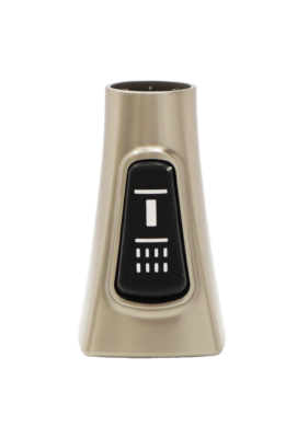 Vibrant stainless steel sprayhead with black rubber dual function button.