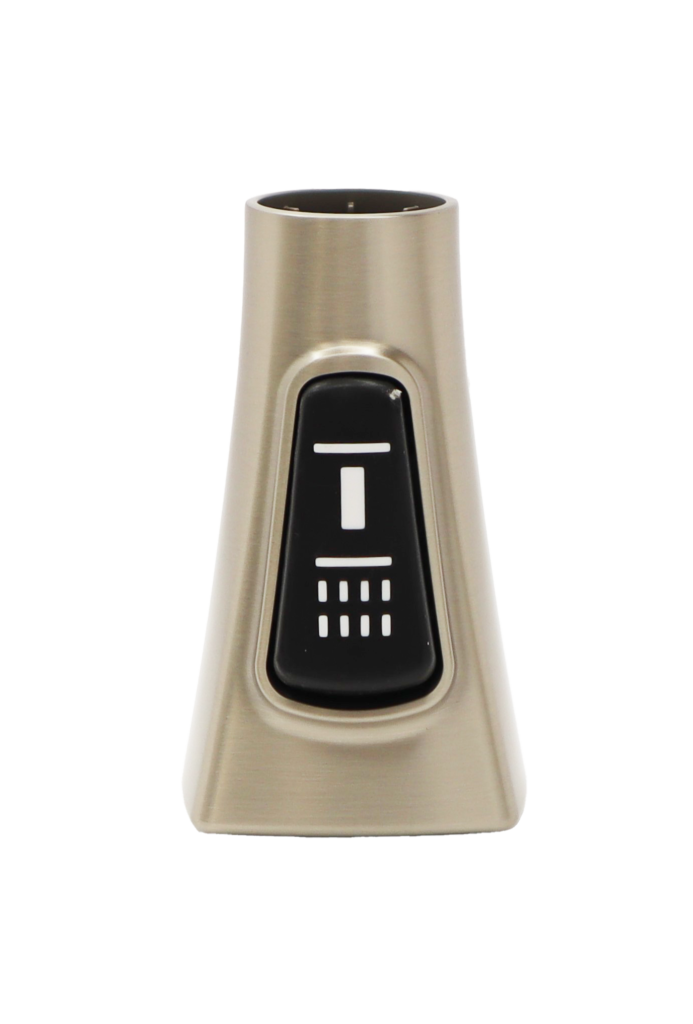 Vibrant stainless steel sprayhead with black rubber dual function button.