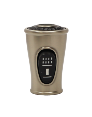 Vibrant brushed nickel spray head with black rubber dual function button.