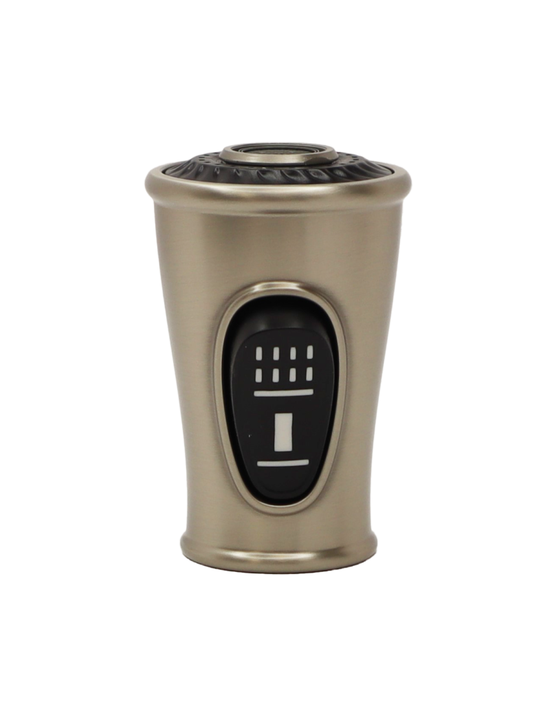 Vibrant brushed nickel spray head with black rubber dual function button.