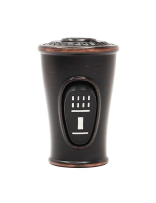 Vibrant tuscan bronze sprayhead with dual action black rubber button.