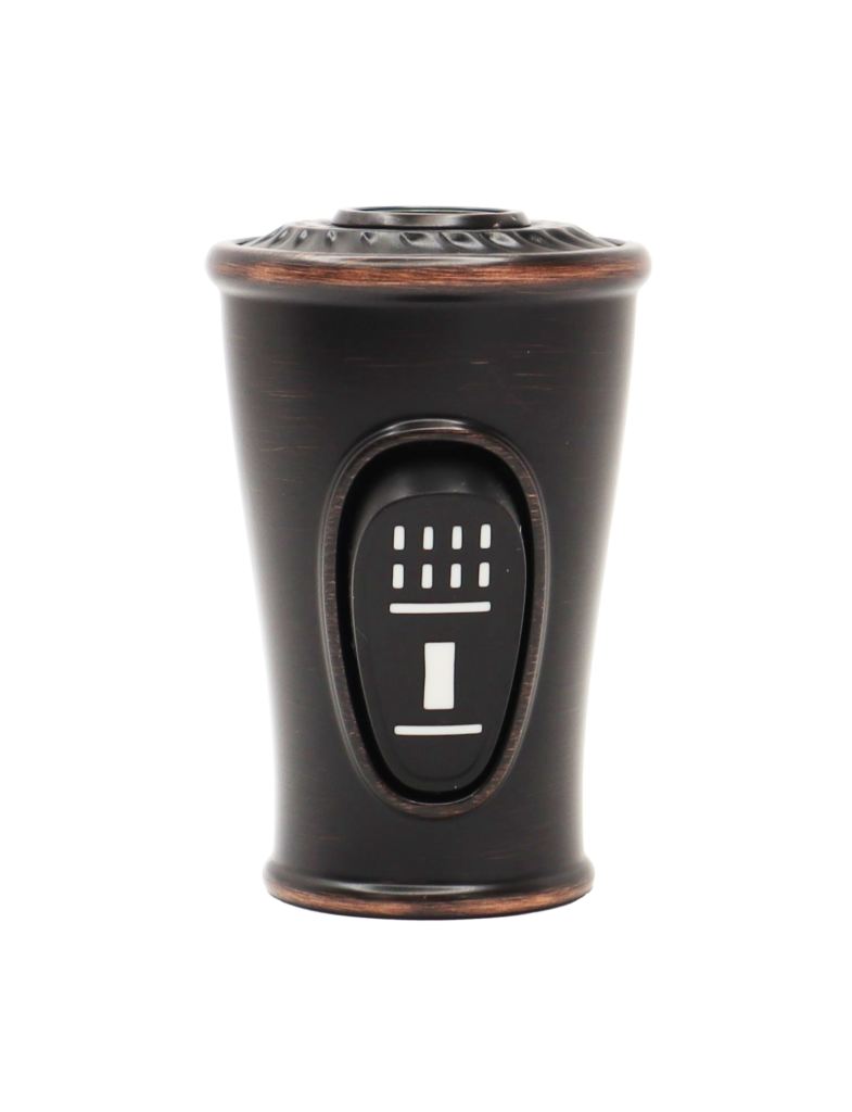 Vibrant tuscan bronze sprayhead with dual action black rubber button.