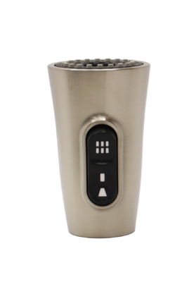 Vibrant stainless steel sprayhead with black rubber dual function button.
