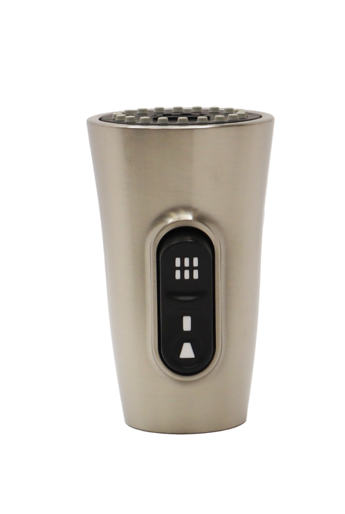 Vibrant stainless steel sprayhead with black rubber dual function button.