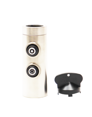 Brigh stainless steel spray head with 2 black buttons and black aerator key.