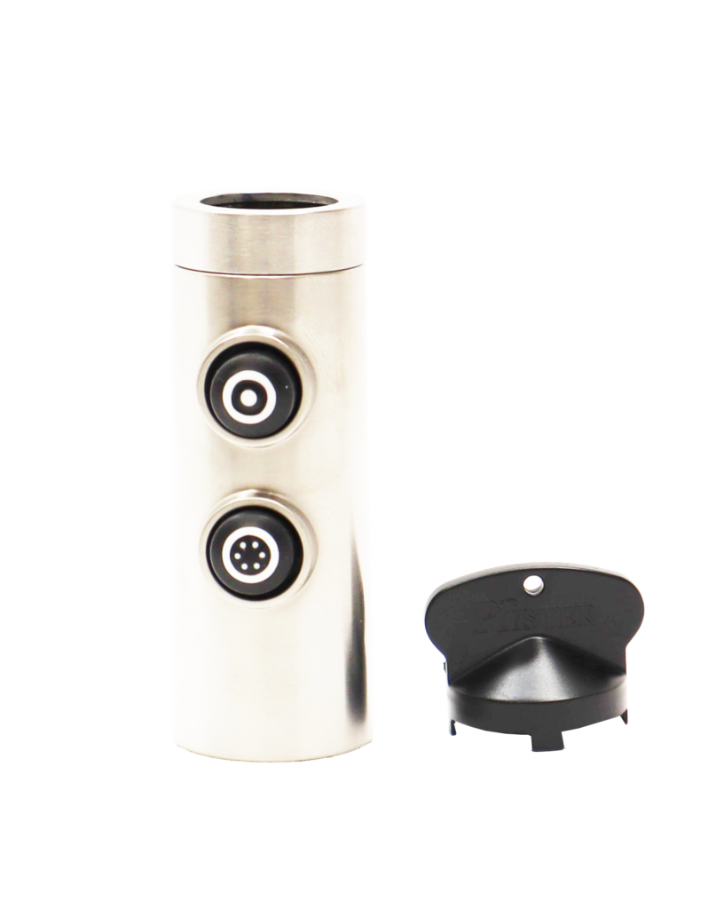 Brigh stainless steel spray head with 2 black buttons and black aerator key.