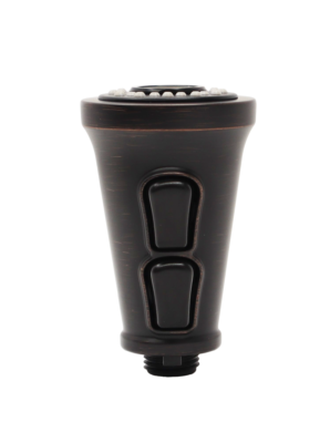 Vibrant tuscan bronze sprayhead with 2 black rubber buttons.