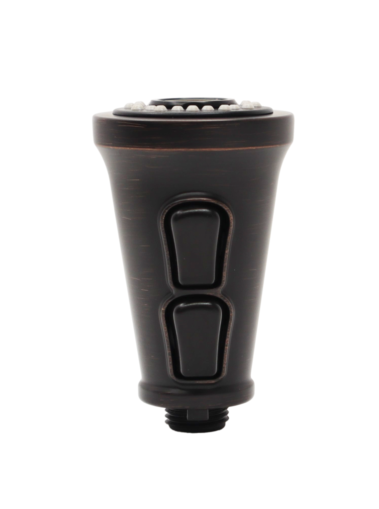 Vibrant tuscan bronze sprayhead with 2 black rubber buttons.