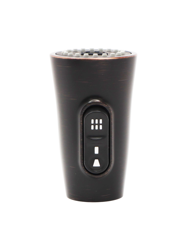 Vibrant tuscan bronze sprayhead with black dual function button.