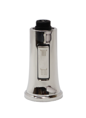 Chrome spray head with dual function button with black plastic threads at the top.