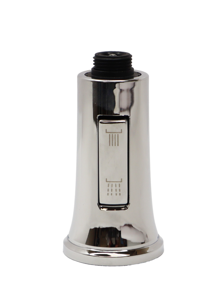 Chrome spray head with dual function button with black plastic threads at the top.
