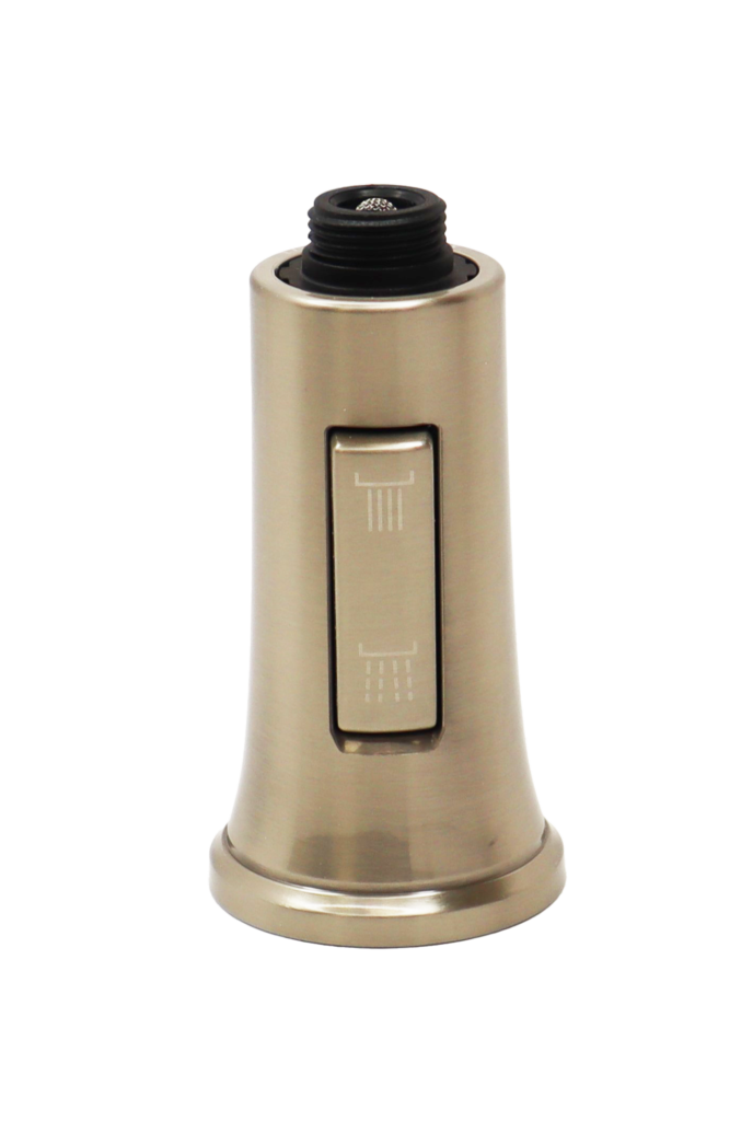 Stainless steel sprayhead with dual function button and black plastic threads at the top.