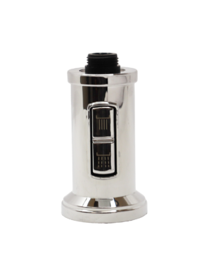 Bright chrome sprayhead with dual function button and black plastic threads at the top.