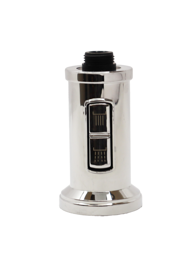 Bright chrome sprayhead with dual function button and black plastic threads at the top.
