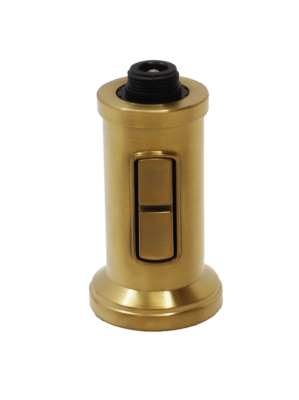 Brushed bronze spray head with dual action buttons and black plastic threads.