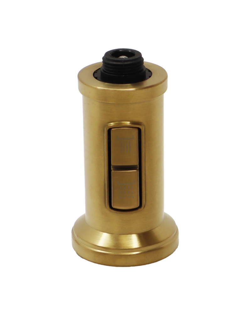 Brushed bronze spray head with dual action buttons and black plastic threads.