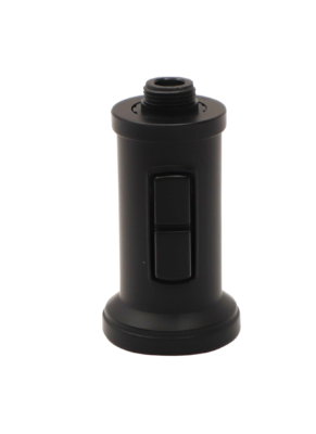 Satin black sprayhead with dual function button and black plastice threads.