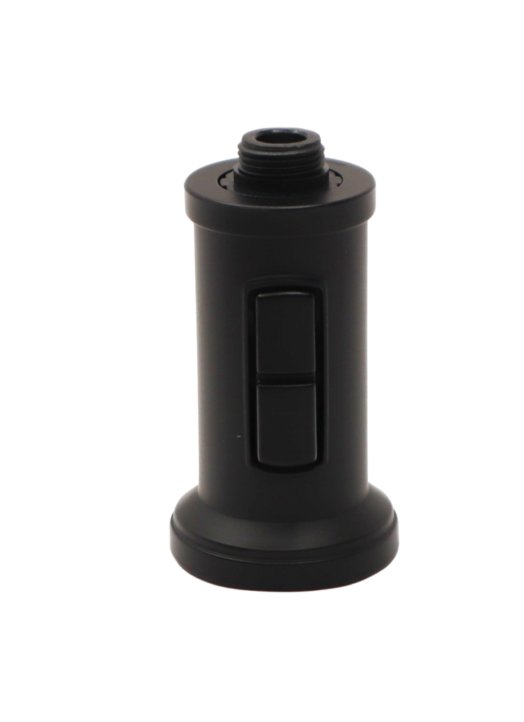 Satin black sprayhead with dual function button and black plastice threads.