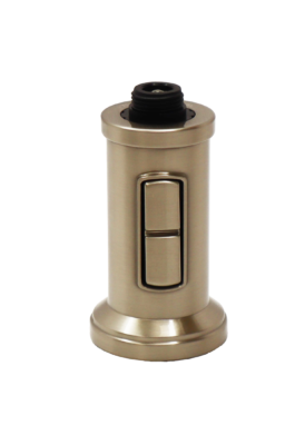 Stainless steel sprayhead with dual function button and black plastic threads at the top.