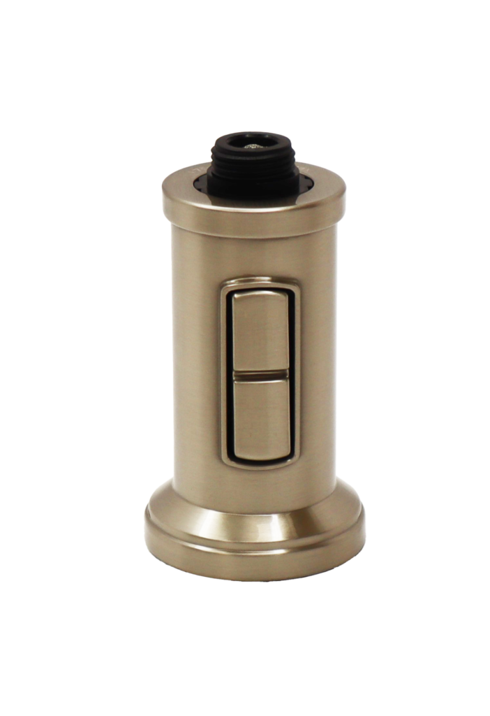 Stainless steel sprayhead with dual function button and black plastic threads at the top.