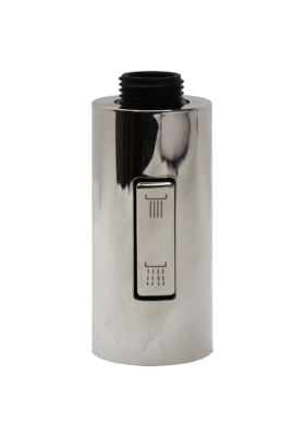 Chrome sprayhead with dual function button with black threads at the top.