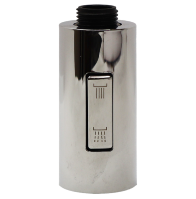 Chrome sprayhead with dual function button with black threads at the top.