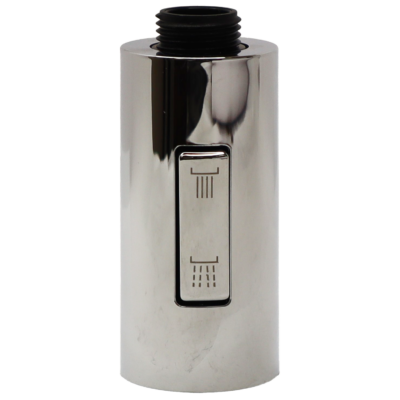 Chrome sprayhead with dual function button with black threads at the top.