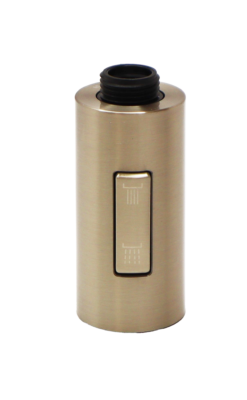Stainless steel spray head with black plastic threads.