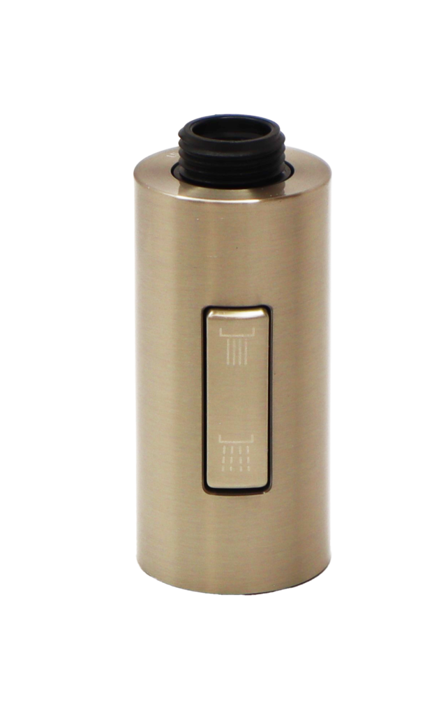 Stainless steel spray head with black plastic threads.