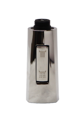 Bright chrome spray head slightly fluted at the bottom with dual function spray bottom and black plastic threads at the top.