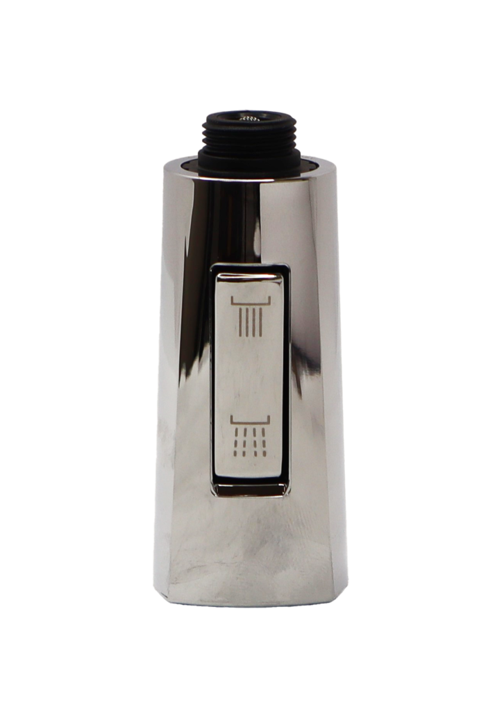 Bright chrome spray head slightly fluted at the bottom with dual function spray bottom and black plastic threads at the top.
