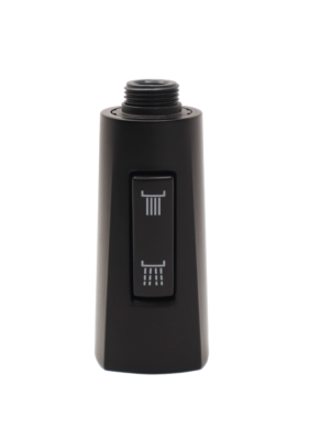 Satin black spray head slightly fluted at the bottom with dual function spray botton and black plastic threads at the top.