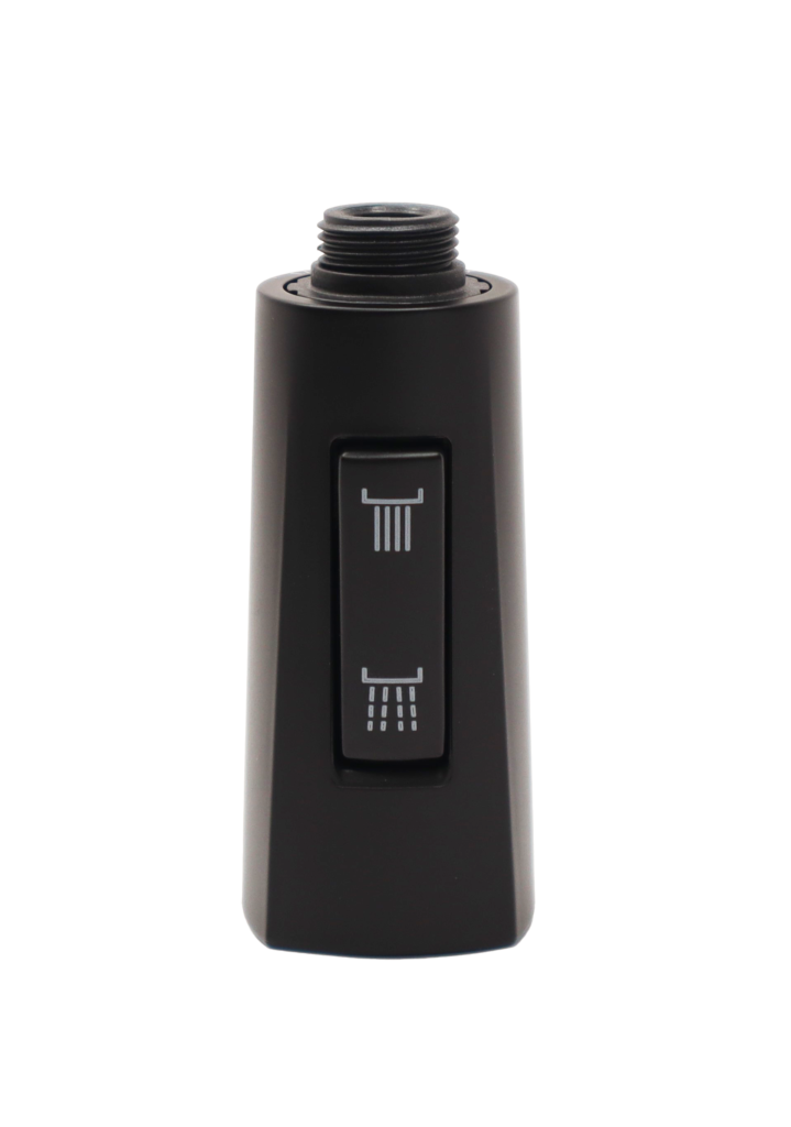 Satin black spray head slightly fluted at the bottom with dual function spray botton and black plastic threads at the top.