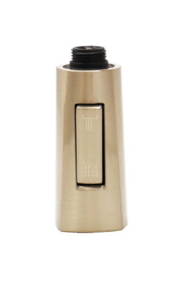 Stainless steel spray head slightly fluted at the bottom with dual function spray bottom and black plastic threads at the top.