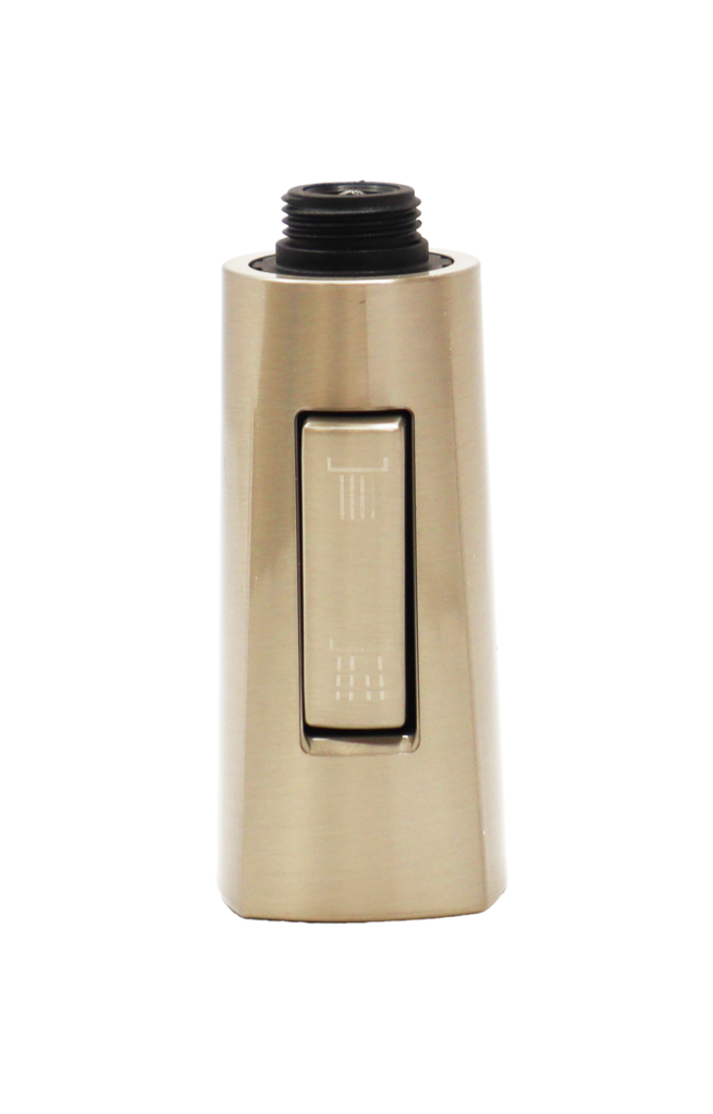 Stainless steel spray head slightly fluted at the bottom with dual function spray bottom and black plastic threads at the top.