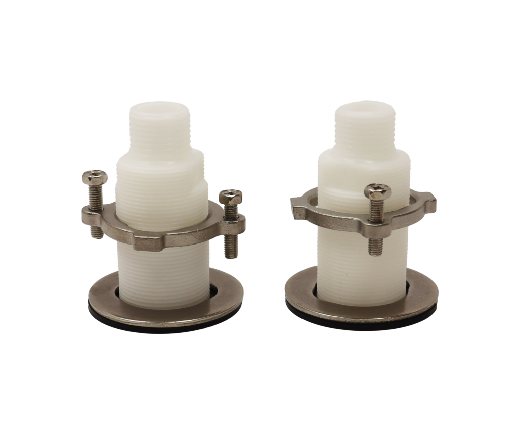 Plastic shanks with metal rings and screws to extend the distance between the counter top and supply lines.