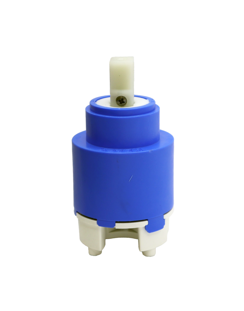 Bright blue plastic cartridge with white square handle connection with white bottom and black rubber o-ring seals.