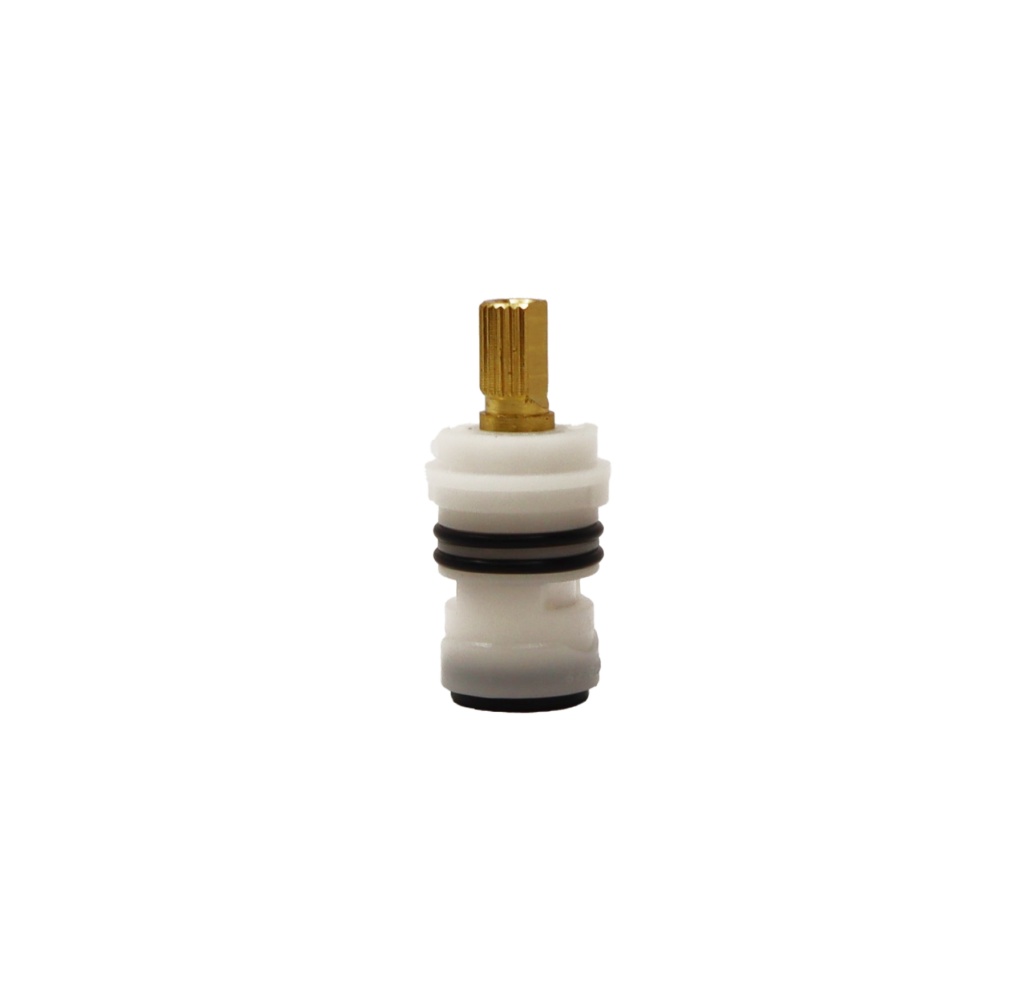 White plastic cartridge with brass stem 2 black orings and black bottom seal.