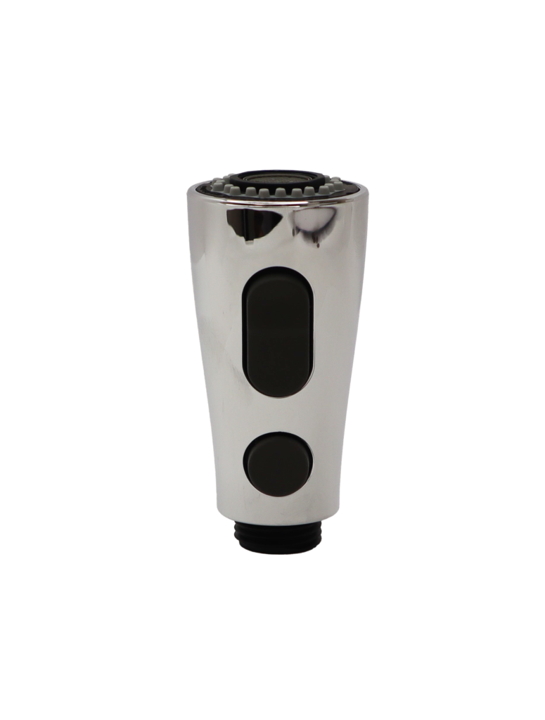 Polished chrome sprayhead from the front view. 2 black buttons the control the spray stream.