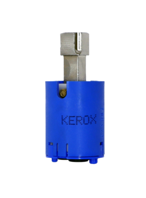 Bright blue plastic cartridge with square stainless handle connection, the name kerox printed on plastic with black rubber seals.